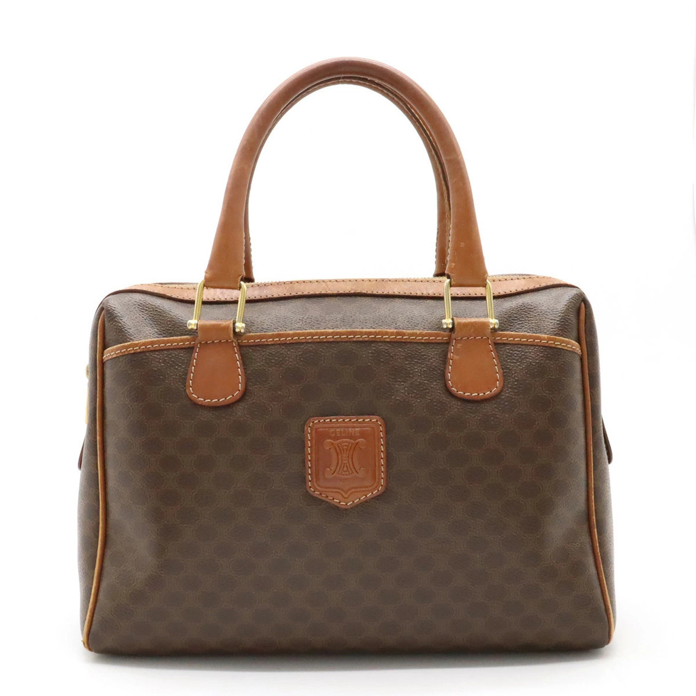 Celine Macadam Handbag Boston Bag Leather Brown Dark